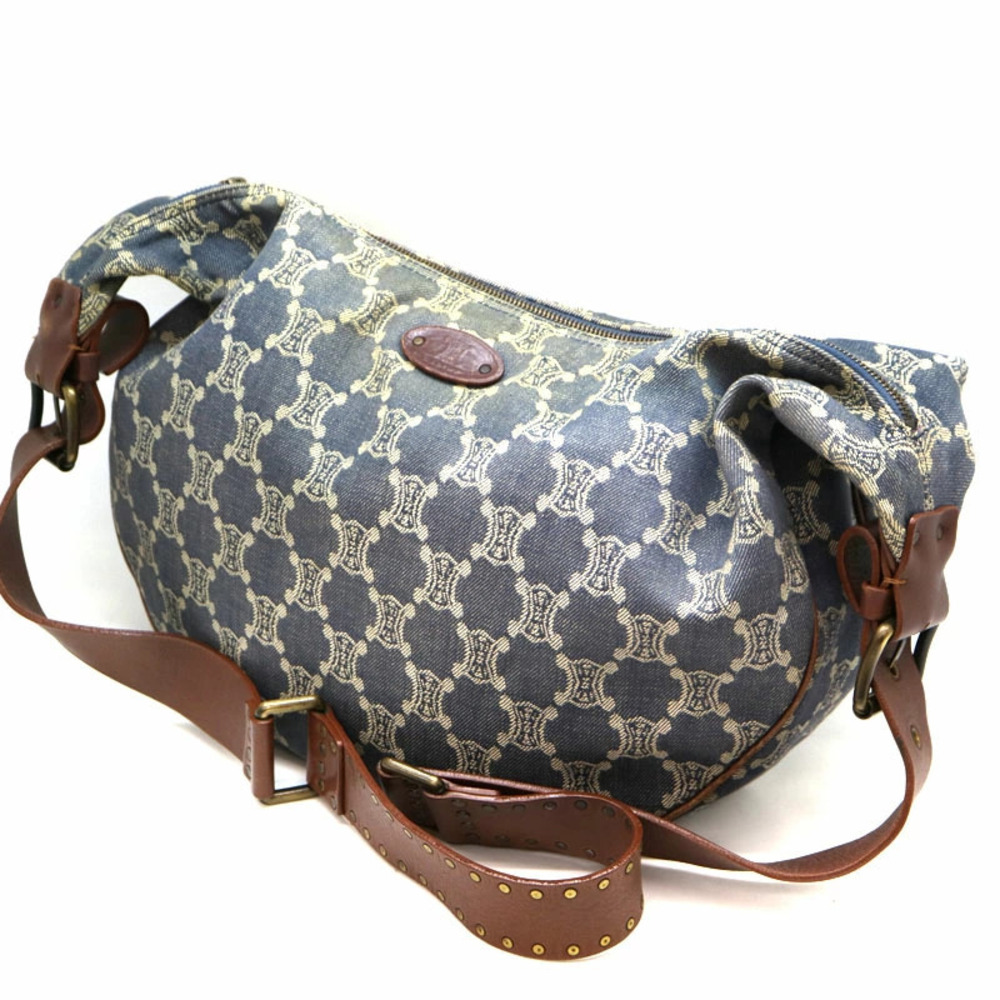 CELINE shoulder bag brown Navy Blue denim canvas leather - Picture 1 of 6